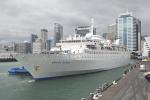 ID 3845 ORIENT QUEEN (1968/15781grt/IMO 6821080, ex-BOLERO, STARWARD. Renamed LOUIS AURA, then AEGEAN QUEEN) berths alongside the Princes Wharf Cruise Terminal, Auckland, New Zealand on her maiden call.